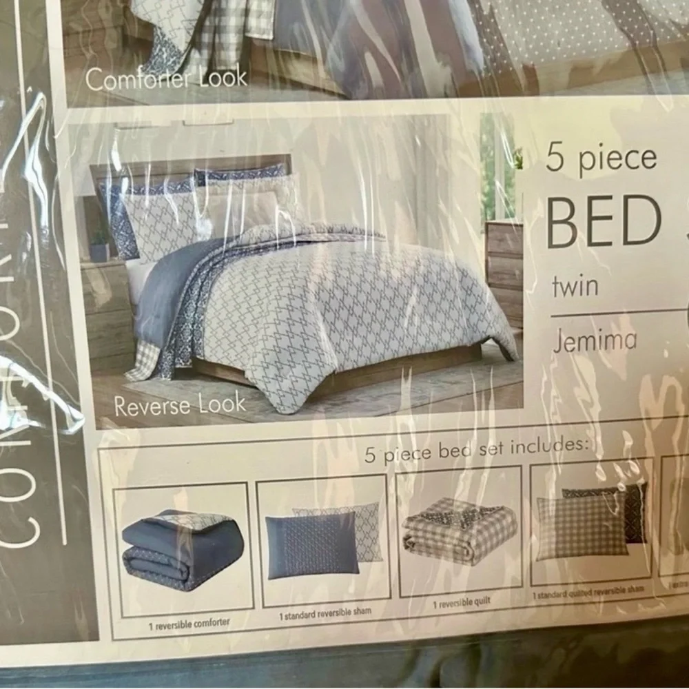 Reversible Comforter and Quilt Bedding Set-Blue, White, Taupe Pattern-Twin/T-XL